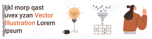 Data processing, technology, creativity, innovation, business workflow, teamwork. Lightbulb, data funnel grid and figure pointing. Data processing and technology concept