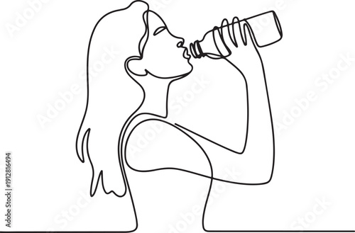young woman drinking water from bottle, line art illustration showing healthy lifestyle concept.one line victor illustration in white Background