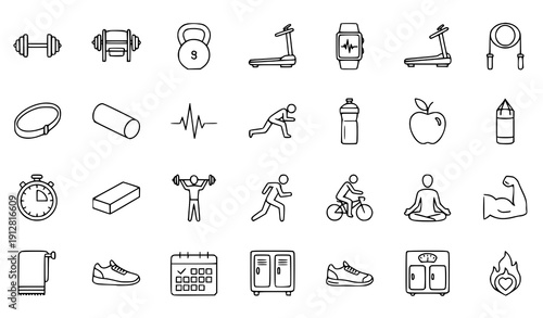 Minimal Fitness and Wellness Outline Icons – Black and White Gym Vector Pack