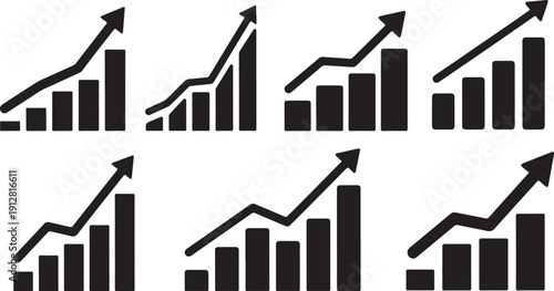 Black bar graphs with arrows on white background increasing
