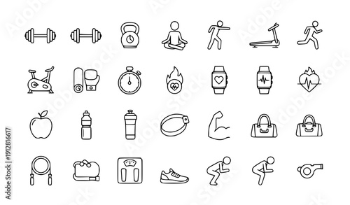 Simple Line Fitness Icons Collection – Workout, Gym and Healthy Living Symbols