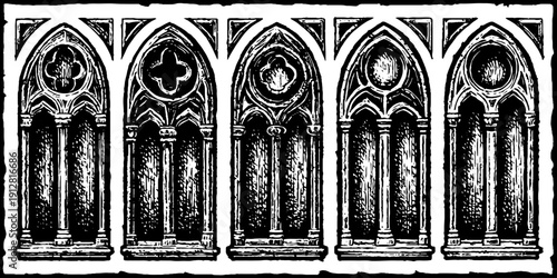 Gothic window and tracery set - vintage architectural sketch for retro design