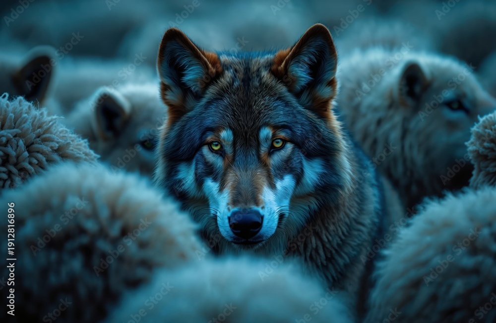 Naklejka premium Wolf with yellow eyes stands in herd of sheep. Predator hides among flock, disguised. Danger lurks in seemingly peaceful group. Deceptive animal pretends innocence.