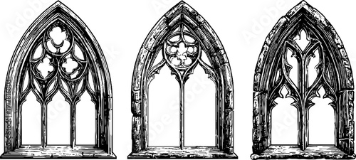 Gothic window and tracery set - vintage engraved architectural elements for design