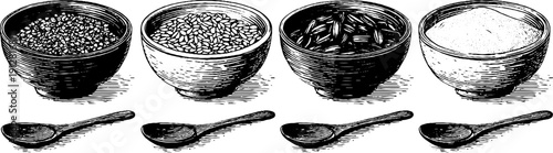 Engraved illustration of grain porridge toppings and bowls for culinary design