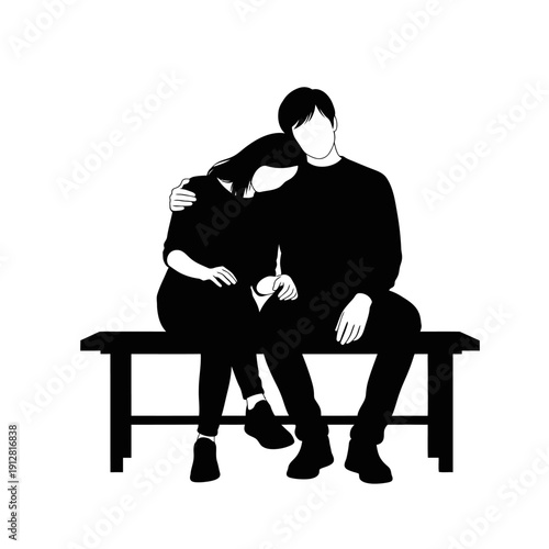 Silhouetted couple embracing while seated on a minimalist bench