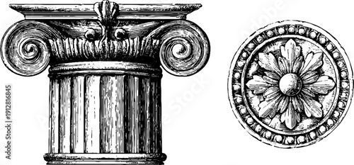 Vintage greek column and capital engraving - elegant architectural design for classical decor