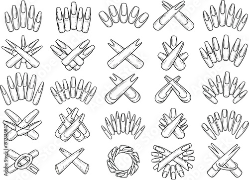 Set of hand-drawn manicure and pedicure tools including nail files, clippers, and cuticle pushers.