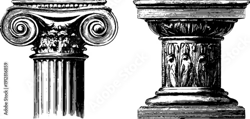 Vintage engraved illustrations of greek column capitals and bases for design