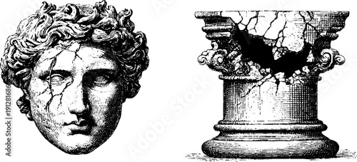 Vintage engraved greek statue head and cracked column illustration for art and design