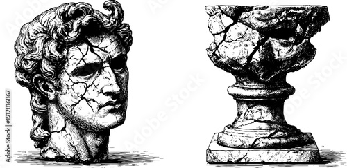Classical greek sculpture with cracked surface concept - vintage engraved art for design