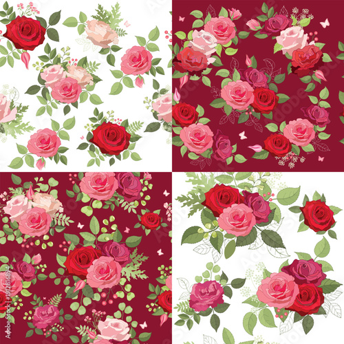 Seamless pattern with pink and red roses. A set of floral backgrounds. Endless texture for your designs, greeting cards