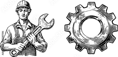 Hand-drawn industrial worker with wrench and gear sketch for retro design