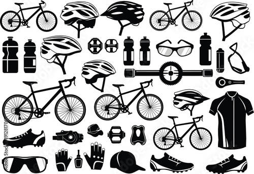 Vibrant Black and White Vector Graphics Collection of Cycling Gear and Bicycles for Sport and Recreation