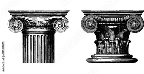 Classic ionic column and capital engravings for historical architecture design