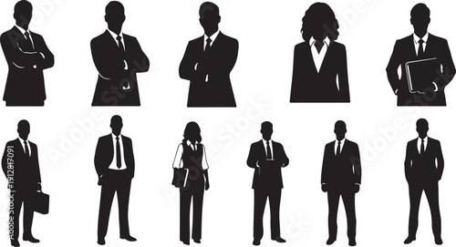 Silhouettes of business professionals in various poses and attire