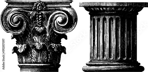 Classical architecture elements: ionic column, volute, and shaft set for design and decoration