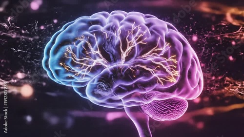 A video showcasing a vibrant, glowing brain with neural connections in a dark background
