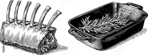 Vintage engraving of lamb rack and roasting pan with rosemary