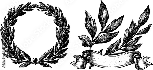 Engraved laurel wreath and ribbon set for vintage design