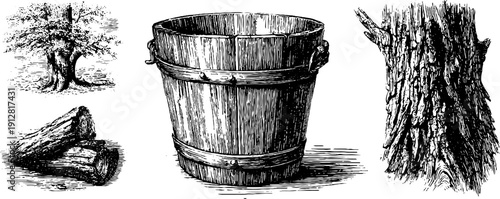 Vintage maple syrup collection set featuring wooden bucket and tree details for design and print