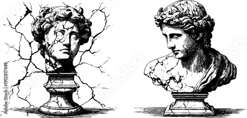Engraved marble busts with cracked surface design for retro art prints