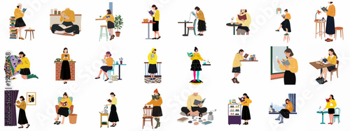 A large set of vector illustrations depicting people reading, studying, and enjoying quiet solitary moments, emphasizing hobbies and literature.