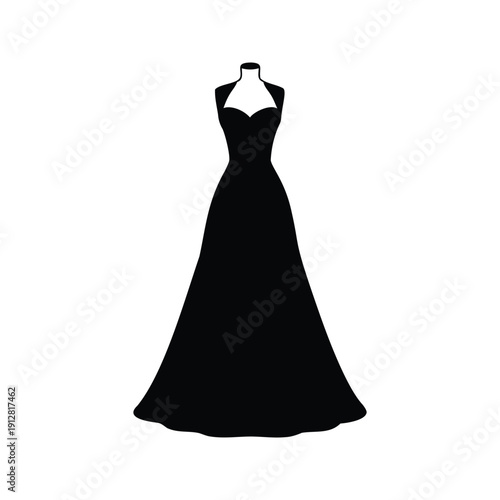 Elegant long black dress with sweetheart neckline silhouette vector illustration, evening gown silhouette vector illustration