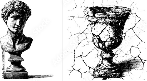 Vintage marble bust and cracked surface engraved design for retro art and decor