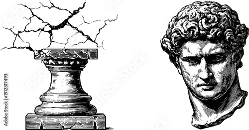 Vintage engraved marble bust and pedestal sketch for retro design projects