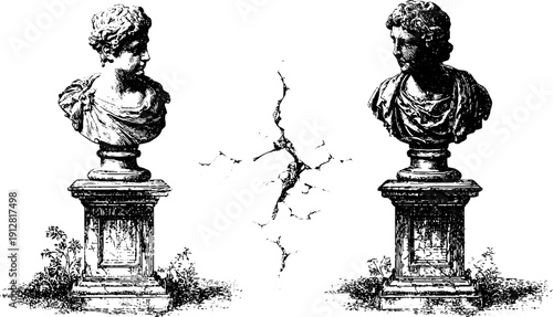 Vintage engraved illustration of marble busts on pedestals with cracked background for artistic design