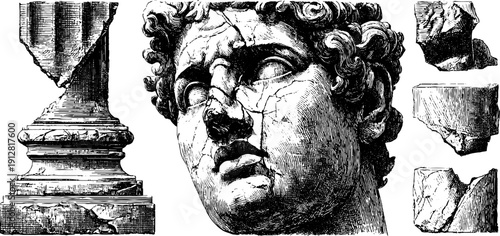 Marble statue face with cracks engraved illustration set for retro design elements