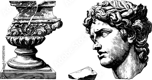 Vintage engraved illustration of marble statue head and broken column for art prints