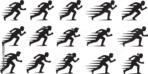 Silhouette of multiple runners in motion on white background