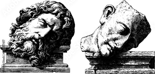 Classical marble statue heads in engraved style for art and design projects