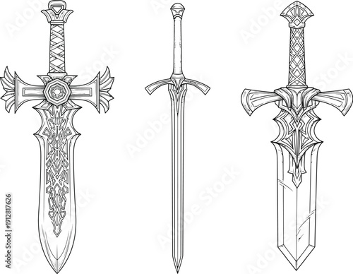 Fantasy Swords Collection: Ornate and Stylized Blades with Decorative Hilts - Line Art Illustration
