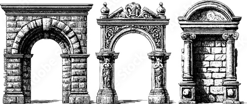Decorative medieval arch doorways and jambs engraving set for historical design