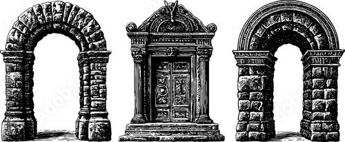Medieval arch doorway and jamb engravings for historical design projects