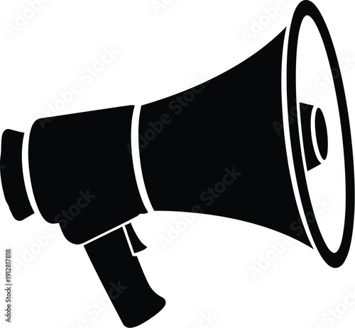 Black silhouette of a megaphone or bullhorn, a symbol for announcements, public speaking, or promotions
