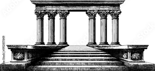 Neoclassical portico and columns engraved illustration - architectural design elements