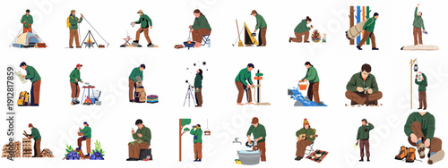 Outdoor Adventure and Bushcraft Activities Vector Set: People Camping, Hiking, Cooking, Stargazing, and Surviving in Nature.