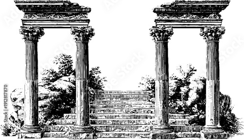 Neoclassical portico and columns engraving set for architectural design