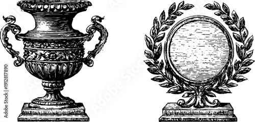 Neoclassical urn and garland engraving for vintage design and decoration projects