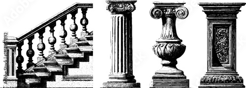 Neoclassical stair balustrade set - detailed engraved designs for architectural inspiration
