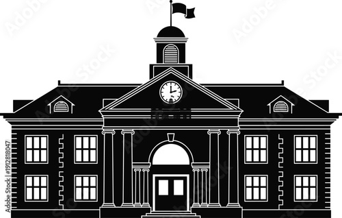 Classic school building black silhouette with clock, columns, and flag on cupola, isolated vector illustration for education, university, and learning institution.