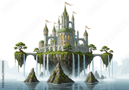 Fantasy castle on floating island above water.