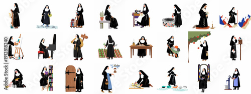 Daily life and work of nuns set: a detailed vector collection showing sisters engaged in spiritual, domestic, artistic, and charitable activities.