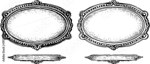 Vintage oval and beaded edge ornate frame set - hand drawn engraving silhouette for retro design