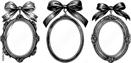 Vintage oval frame set with ribbon bows - hand-drawn engraving for design and decoration