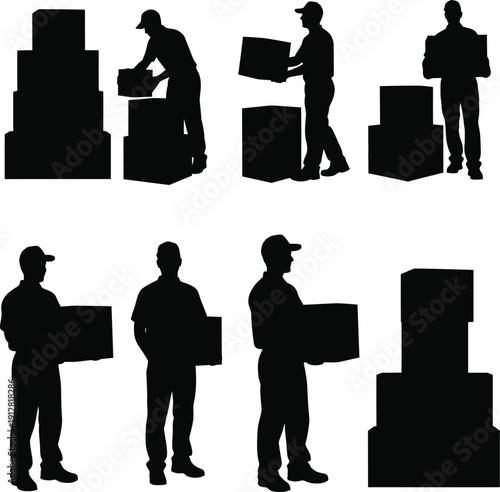 Delivery Worker Standing With Package Silhouette Set